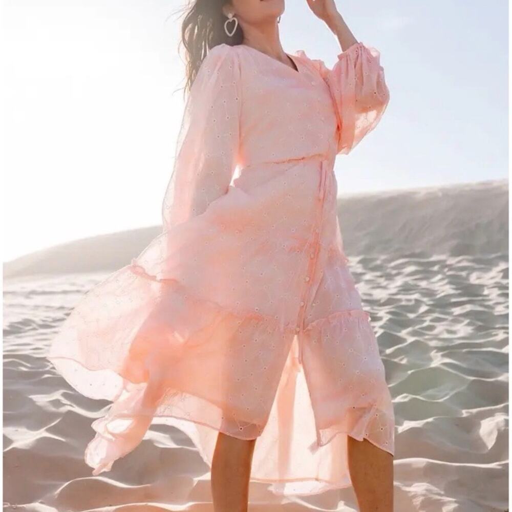 Rachel Parcell Pink Angel Cloudy Sky Hi-Lo Eyelet Midi Dress size M Long sleeve - Picture 7 of 12